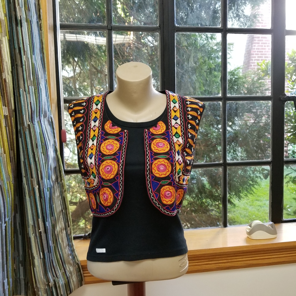 RARE Anna Sui Black Vest with Vibrant Embroidery